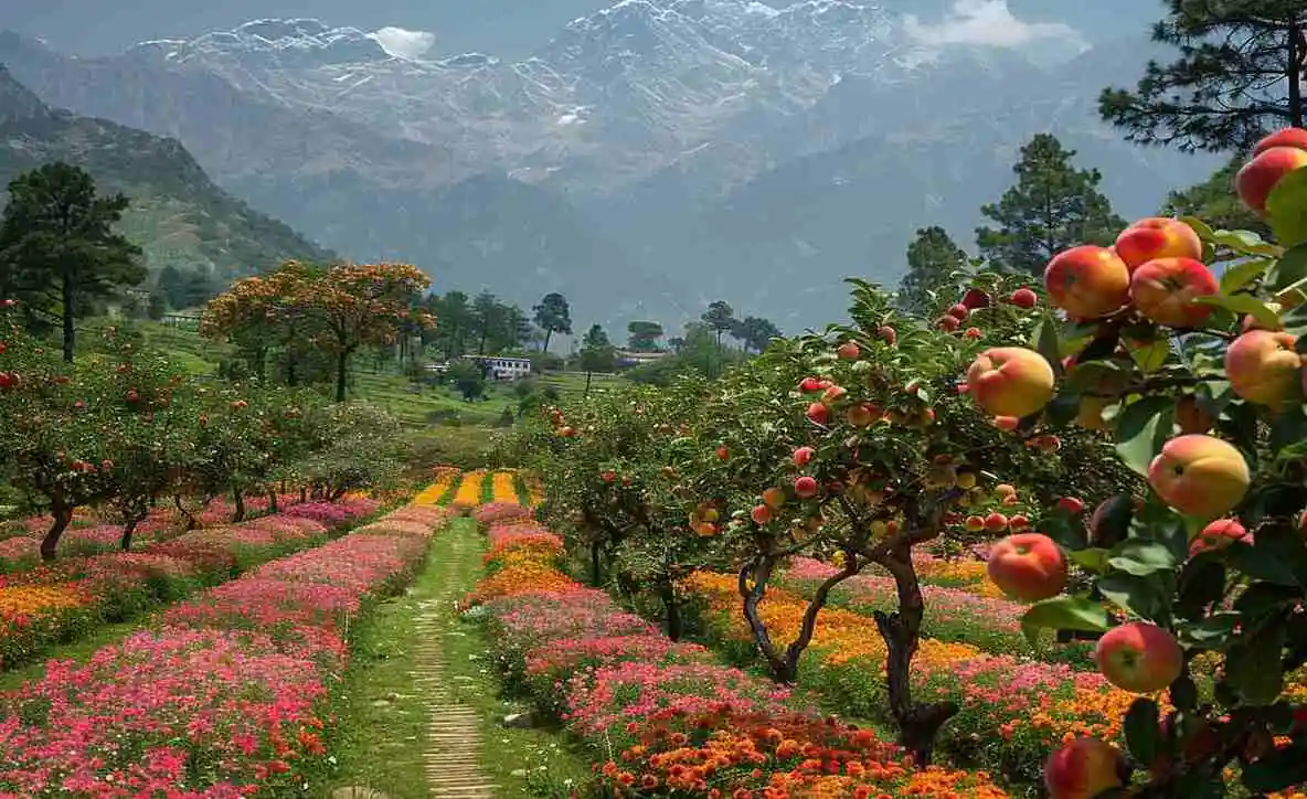 Apple and fruit trees in full blossom at Chaubatia Garden, Ranikhet, Uttarakhand — spring season